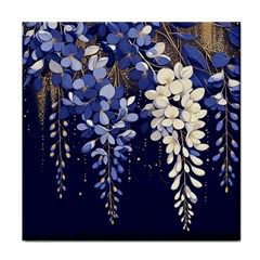 Solid Color Background With Royal Blue, Gold Flecked , And White Wisteria Hanging From The Top Face Towel by LyssasMindArtDecor