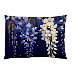 Solid Color Background With Royal Blue, Gold Flecked , And White Wisteria Hanging From The Top Pillow Case by LyssasMindArtDecor