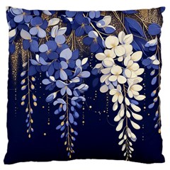 Solid Color Background With Royal Blue, Gold Flecked , And White Wisteria Hanging From The Top Large Cushion Case (one Side) by LyssasMindArtDecor