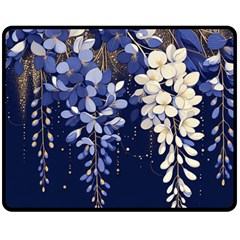 Solid Color Background With Royal Blue, Gold Flecked , And White Wisteria Hanging From The Top Two Sides Fleece Blanket (medium) by LyssasMindArtDecor