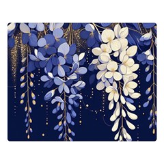 Solid Color Background With Royal Blue, Gold Flecked , And White Wisteria Hanging From The Top Two Sides Premium Plush Fleece Blanket (large) by LyssasMindArtDecor