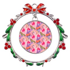 Pink Glowing Flowers Metal X mas Wreath Ribbon Ornament by Sparkle