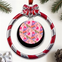 Pink Glowing Flowers Metal Red Ribbon Round Ornament by Sparkle