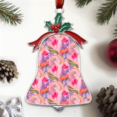 Pink Glowing Flowers Metal Holly Leaf Bell Ornament