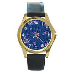 Flowers Floral Background Round Gold Metal Watch