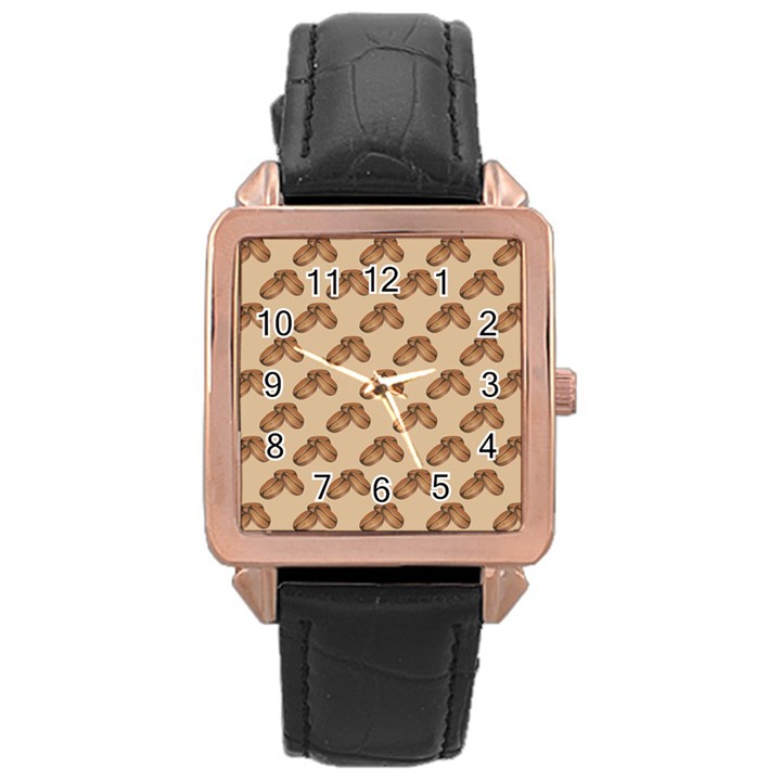 Coffee Beans Pattern Texture Rose Gold Leather Watch 