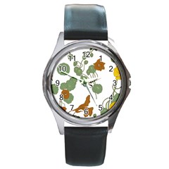 Nasturtium Flower Plant Leaves Round Metal Watch by Maspions