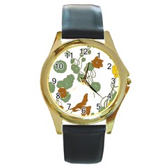 Nasturtium Flower Plant Leaves Round Gold Metal Watch