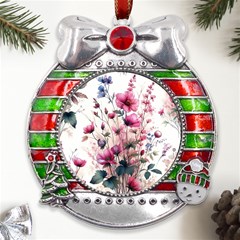 Flora Floral Flower Petal Metal X mas Ribbon With Red Crystal Round Ornament by Maspions