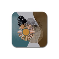 Boho Leaves Botanical Retro Vintage Rubber Square Coaster (4 Pack)