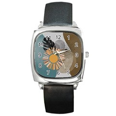 Boho Leaves Botanical Retro Vintage Square Metal Watch by Maspions