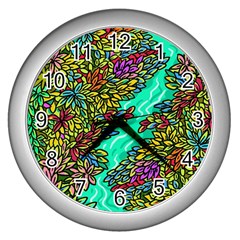 Background Leaves River Nature Wall Clock (silver) by Maspions