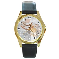 Boho Background Leaves Botanical Round Gold Metal Watch