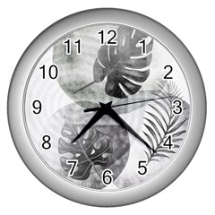 Vintage Retro Boho Background Leaves Botanical Wall Clock (silver)