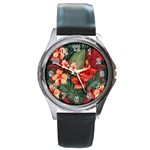 Tropical Flower Bloom Round Metal Watch Front