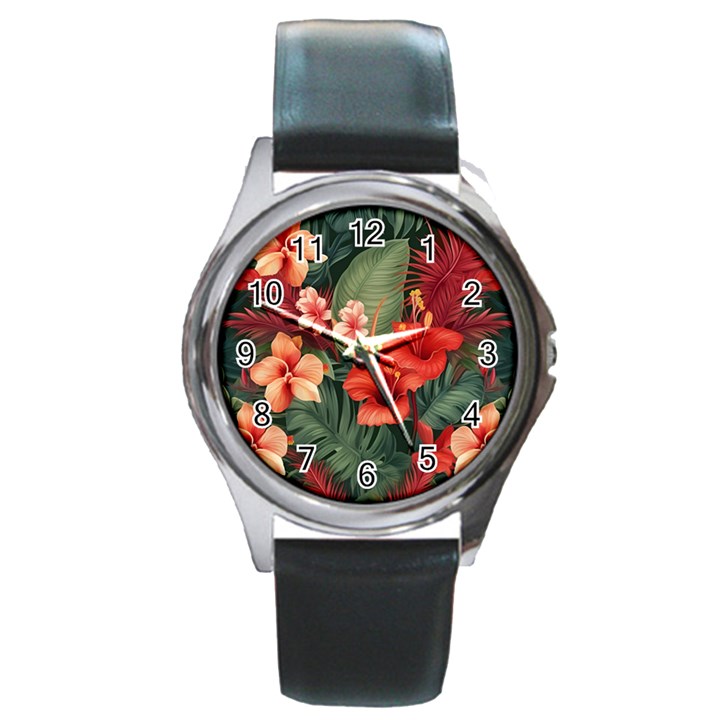 Tropical Flower Bloom Round Metal Watch