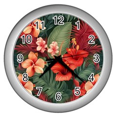 Tropical Flower Bloom Wall Clock (silver)