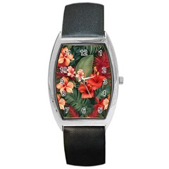 Tropical Flower Bloom Barrel Style Metal Watch