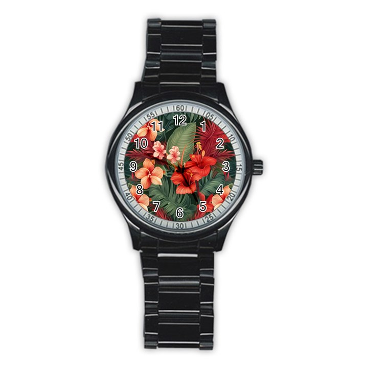 Tropical Flower Bloom Stainless Steel Round Watch