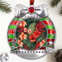 Tropical Flower Bloom Metal X mas Ribbon With Red Crystal Round Ornament by Maspions