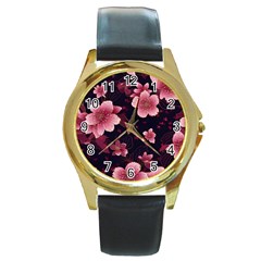 Flower Sakura Bloom Round Gold Metal Watch