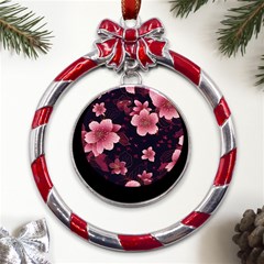 Flower Sakura Bloom Metal Red Ribbon Round Ornament by Maspions