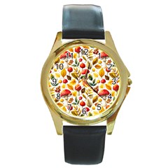 Mushroom Autumn Fall Round Gold Metal Watch