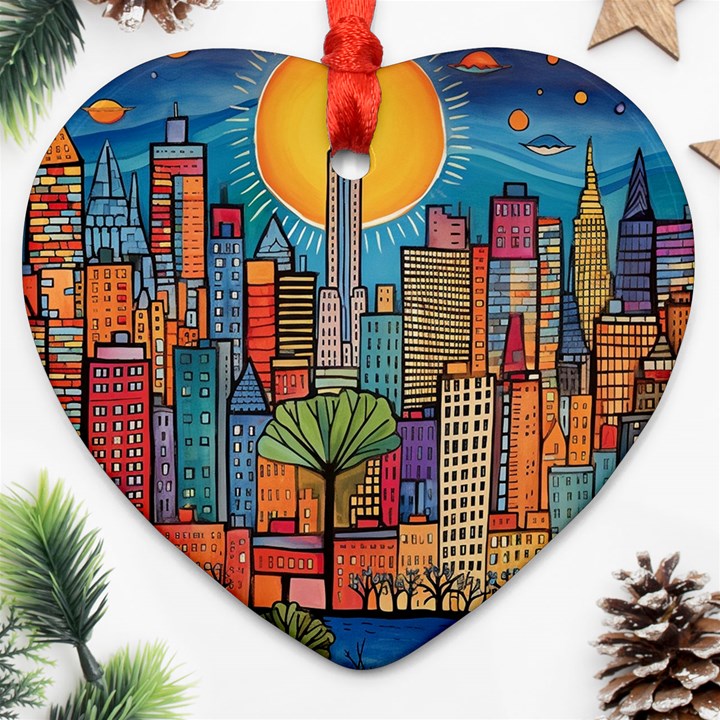 City New York Nyc Skyscraper Skyline Downtown Night Business Urban Travel Landmark Building Architec Ornament (Heart)