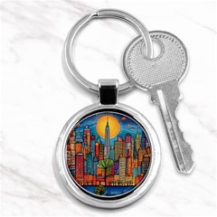 City New York Nyc Skyscraper Skyline Downtown Night Business Urban Travel Landmark Building Architec Key Chain (round) by Posterlux