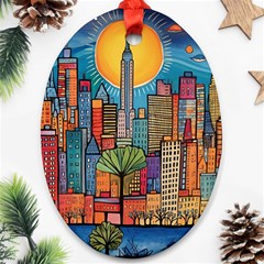 City New York Nyc Skyscraper Skyline Downtown Night Business Urban Travel Landmark Building Architec Oval Ornament (two Sides)