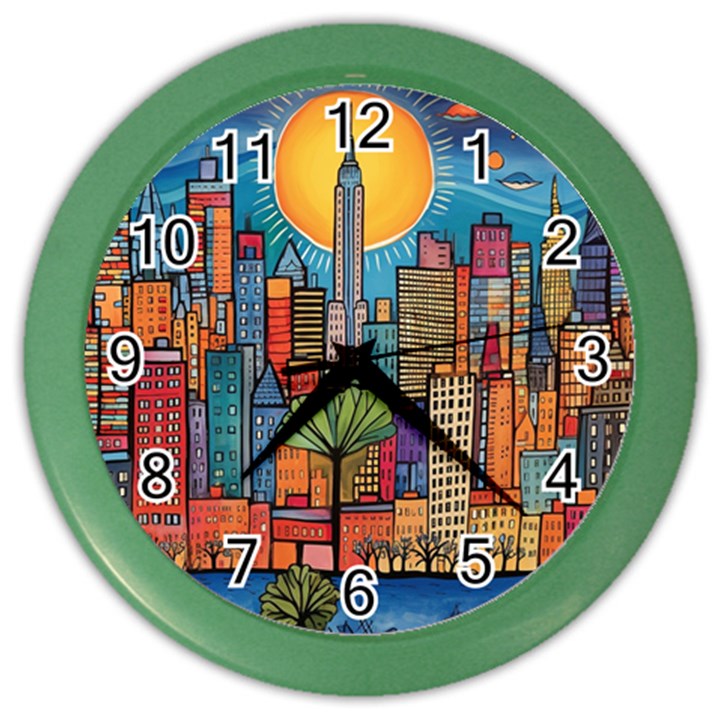 City New York Nyc Skyscraper Skyline Downtown Night Business Urban Travel Landmark Building Architec Color Wall Clock