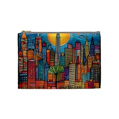 City New York Nyc Skyscraper Skyline Downtown Night Business Urban Travel Landmark Building Architec Cosmetic Bag (medium) by Posterlux