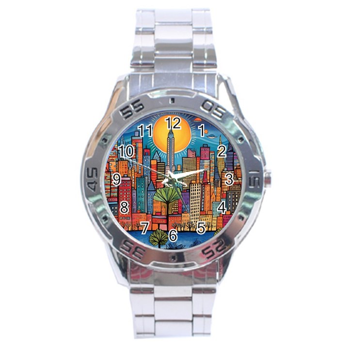 City New York Nyc Skyscraper Skyline Downtown Night Business Urban Travel Landmark Building Architec Stainless Steel Analogue Watch