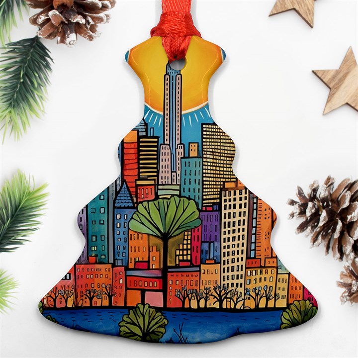 City New York Nyc Skyscraper Skyline Downtown Night Business Urban Travel Landmark Building Architec Christmas Tree Ornament (Two Sides)