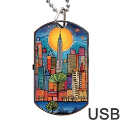 City New York Nyc Skyscraper Skyline Downtown Night Business Urban Travel Landmark Building Architec Dog Tag Usb Flash (two Sides) by Posterlux