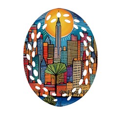 City New York Nyc Skyscraper Skyline Downtown Night Business Urban Travel Landmark Building Architec Ornament (oval Filigree) by Posterlux