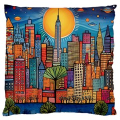 City New York Nyc Skyscraper Skyline Downtown Night Business Urban Travel Landmark Building Architec Large Cushion Case (two Sides) by Posterlux