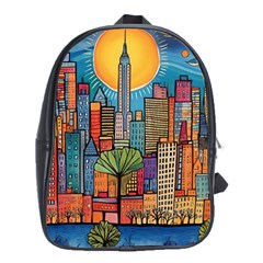 City New York Nyc Skyscraper Skyline Downtown Night Business Urban Travel Landmark Building Architec School Bag (xl) by Posterlux