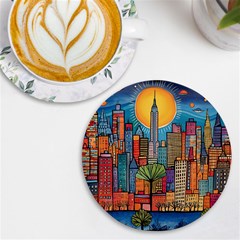 City New York Nyc Skyscraper Skyline Downtown Night Business Urban Travel Landmark Building Architec Uv Print Round Tile Coaster by Posterlux