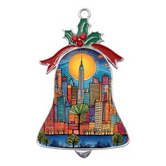 City New York Nyc Skyscraper Skyline Downtown Night Business Urban Travel Landmark Building Architec Metal Holly Leaf Bell Ornament by Posterlux