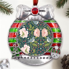 Spring Design With Watercolor Flowers Metal X mas Ribbon With Red Crystal Round Ornament