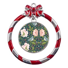 Spring Design With Watercolor Flowers Metal Red Ribbon Round Ornament by AlexandrouPrints