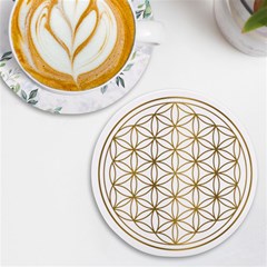 Gold Flower Of Life Sacred Geometry Uv Print Round Tile Coaster by Maspions