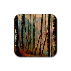 Woodland Woods Forest Trees Nature Outdoors Cellphone Wallpaper Mist Moon Background Artwork Book Co Rubber Coaster (square) by Grandong