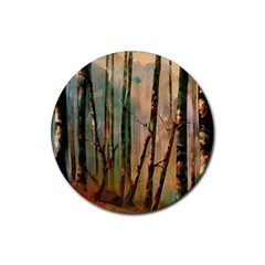 Woodland Woods Forest Trees Nature Outdoors Cellphone Wallpaper Mist Moon Background Artwork Book Co Rubber Round Coaster (4 Pack) by Grandong