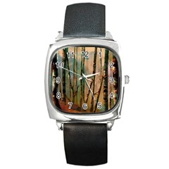 Woodland Woods Forest Trees Nature Outdoors Cellphone Wallpaper Mist Moon Background Artwork Book Co Square Metal Watch by Grandong