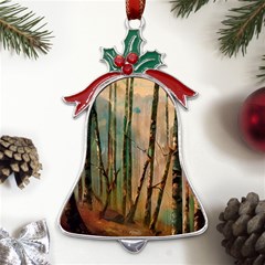 Woodland Woods Forest Trees Nature Outdoors Cellphone Wallpaper Mist Moon Background Artwork Book Co Metal Holly Leaf Bell Ornament by Grandong