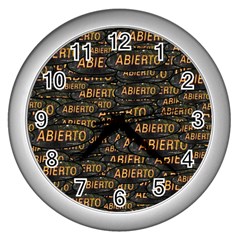 Abierto Neon Lettes Over Glass Motif Pattern Wall Clock (silver)