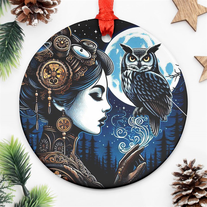 Steampunk Woman With Owl 2 Steampunk Woman With Owl Woman With Owl Strap Ornament (Round)