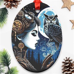 Steampunk Woman With Owl 2 Steampunk Woman With Owl Woman With Owl Strap Ornament (oval)